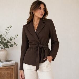 Besti Belli Brown Belted Wrap Jacket Tie Waist Structured Blazer Sz S